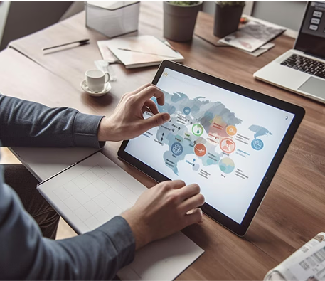 Person using tablet with digital distribution interface